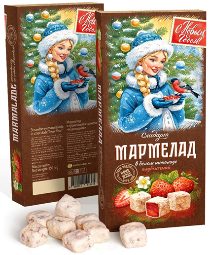 №1 Сладарт(11621) Мармелад Новогодний "Снегурочка" Клубничный в белом шоколаде, 150г   в Асбесте
